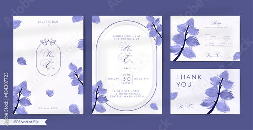 Beautiful lavender wedding invitation with leaves watercolor ornaments