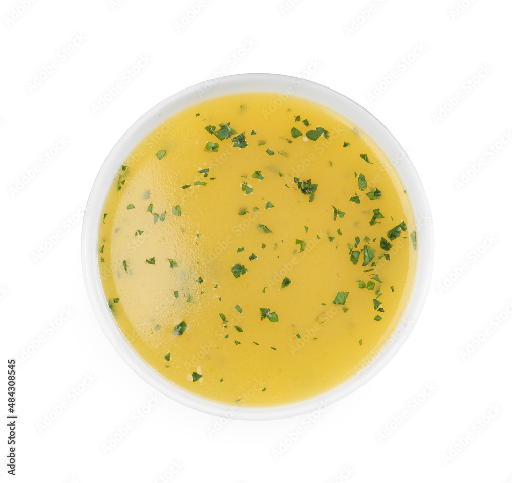 Bowl with lemon sauce on white background, top view. Delicious salad dressing Bowl with lemon sauce on white background, top view. Delicious salad dressing