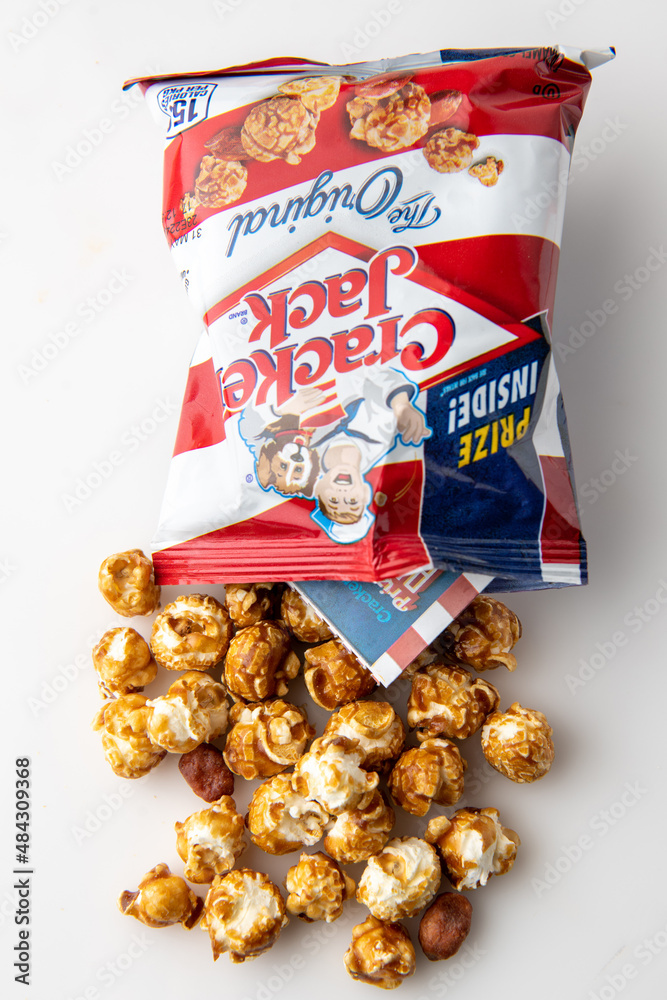 Los Angeles, CA. USA January 31st, 2022 Open bag of cracker jack brand