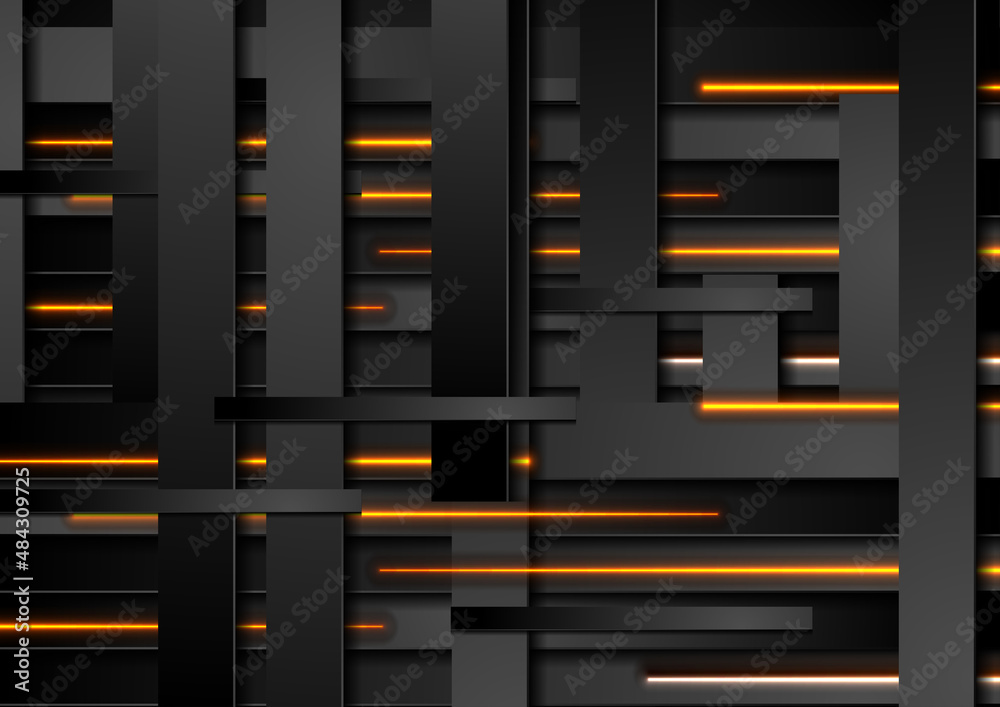 Black stripes and orange neon glowing lines abstract tech background. Vector design Black stripes and orange neon glowing lines abstract tech background. Vector design