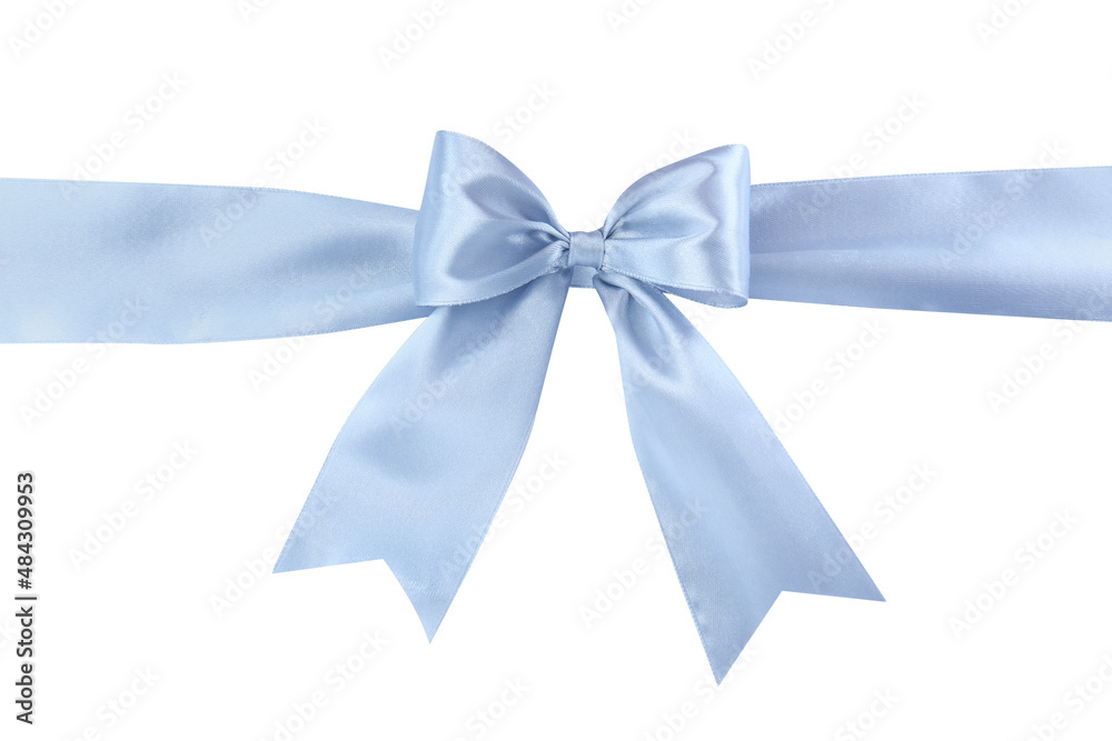 Light blue satin ribbon with bow on white background, top view Light blue satin ribbon with bow on white background, top view