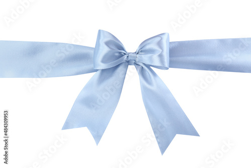 Light blue satin ribbon with bow on white background, top view