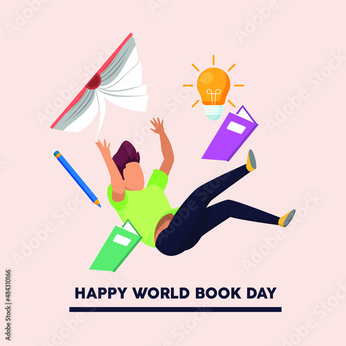 Man falling down between books because he gets new idea from books. Education, literature & knowledge. Flat vector character illustration.