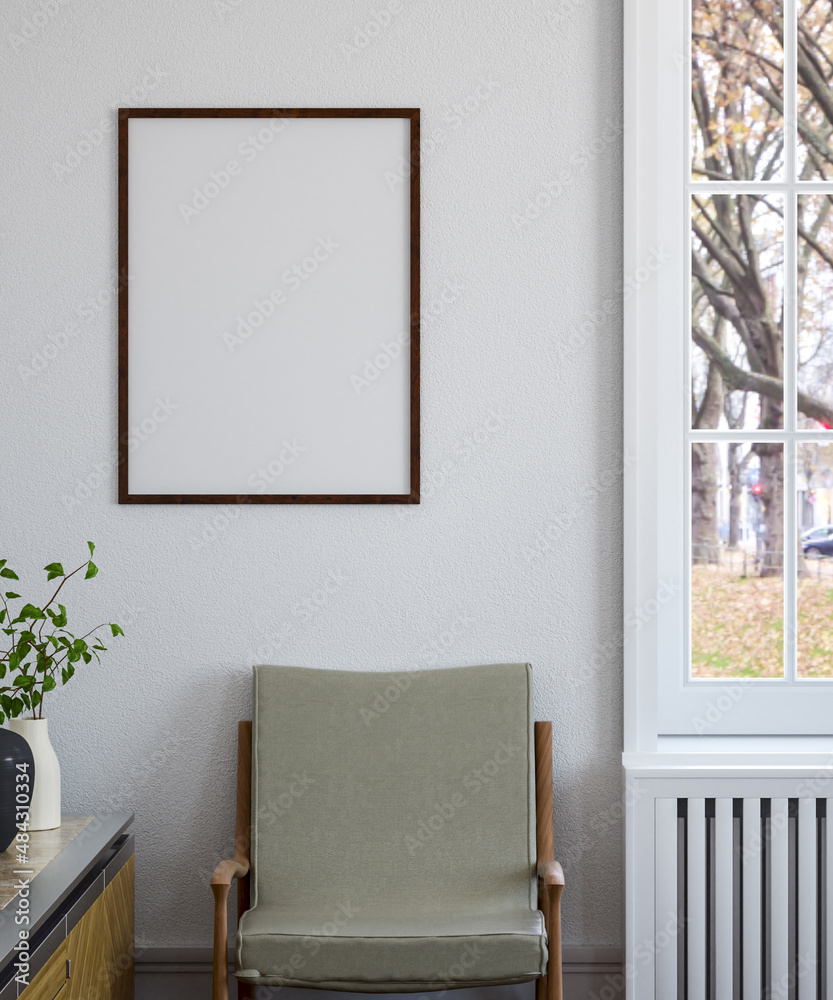 Naklejka premium mock up poster frame in interior background. 3D Illustration