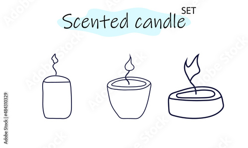 A set of scented candles with a burning fire. Candles for interior, lighting and romantic dates. Aromatherapy. Vector illustration in linear design on a white background.