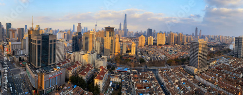 Panorama view of the city of a sunset over Shanghai with the Liujiazui area of Pudong on the horizon