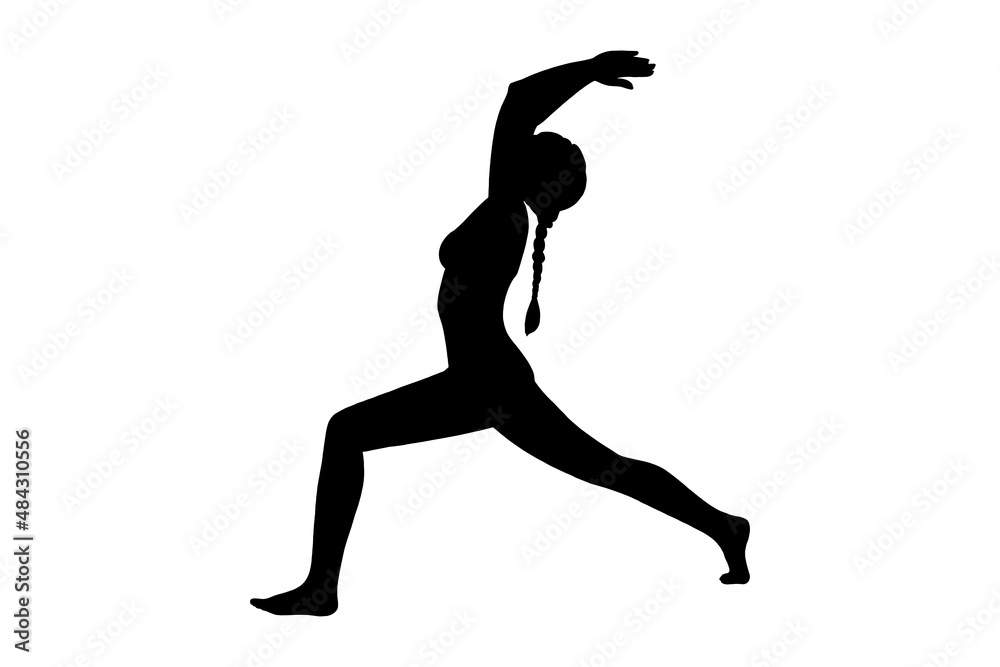 Yoga warrior pose or virabhadrasana. Woman silhouette practicing yoga pose. Vector illustration isolated on white background