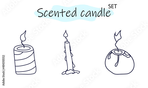 A set of scented candles with a burning fire. Candles for interior, lighting and romantic dates. Aromatherapy. Vector illustration in linear design on a white background.