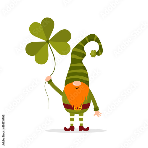 St. Patrick day gnome. Cute leprechaun with clover. Vector illustration in flat cartoon style. Hand drawn element for irish holiday.