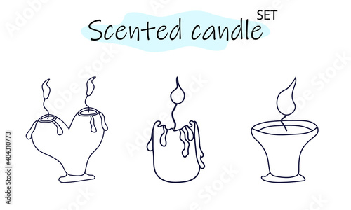 A set of scented candles with a burning fire. Candles for interior, lighting and romantic dates. Aromatherapy. Vector illustration in linear design on a white background.