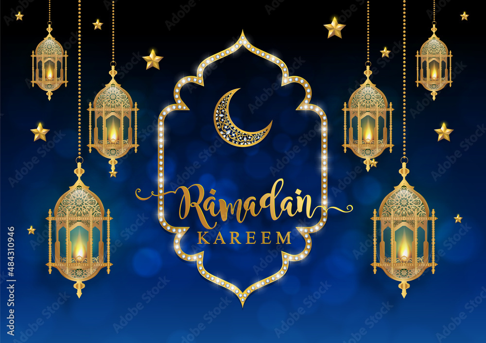 Ramadan Kareem, Ramadhan or Eid mubarak by Muslims greeting background Islamic with gold patterned and crystals on paper color background.( Translation : Ramadan Kareem ) Ramadan Kareem, Ramadhan or Eid mubarak by Muslims greeting background Islamic with gold patterned and crystals on paper color background.( Translation : Ramadan Kareem )