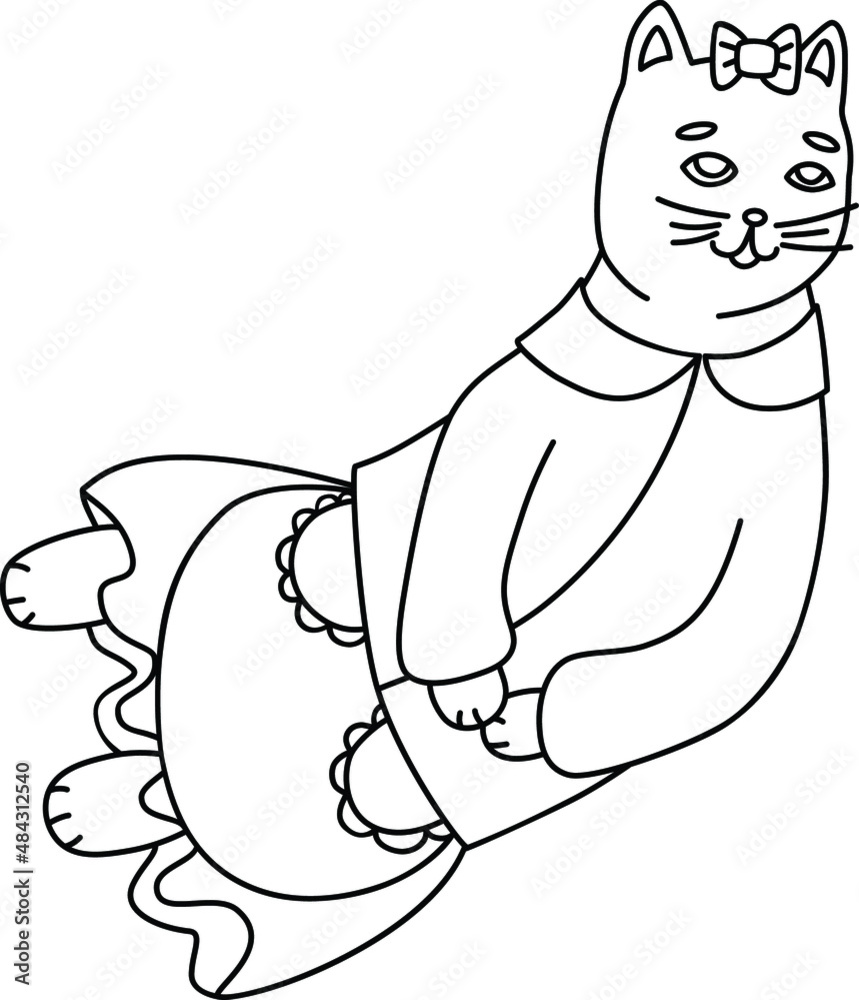 The black contour of a cat flying through the sky in a dress and a