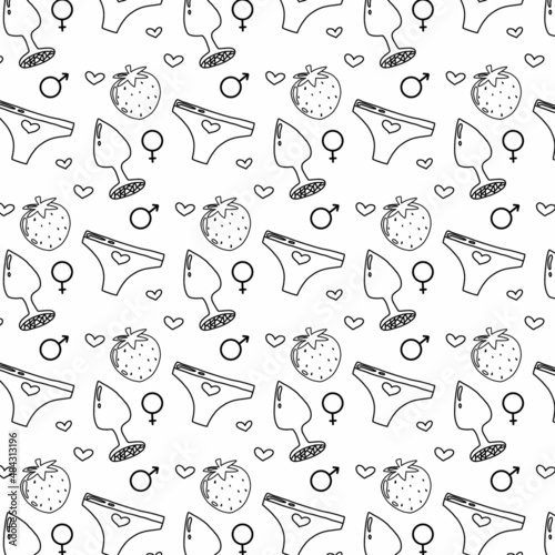 Vector seamless pattern with sex toys. Doodle style. Pattern for sex shop.