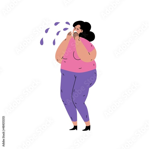Crying fat woman. Quotes Fat, hay you. Body shaming and bulling. Depression due to a large physique. Girl covering her face with palms. Isolated. Flat style in vector illustration.