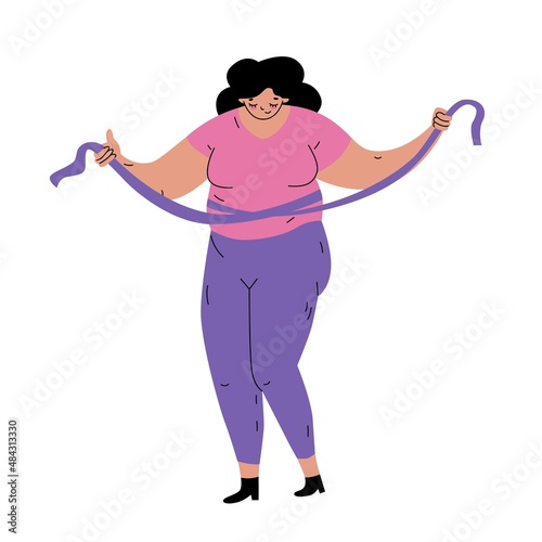Woman measuring her waist with a tape measure. Body positive or shaming. Proud for large physique. Isolated. Flat style in vector illustration.