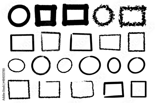 Collection of hand drawn round and square frames. Textured shapes. scribble Grunge black Text box. Space fore text. Vector illustration. isolated on white background.