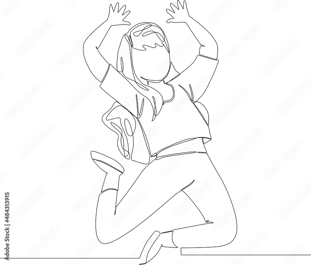 One continuous line drawing of happy walking woman going to school. Vector illustration. Happy free.