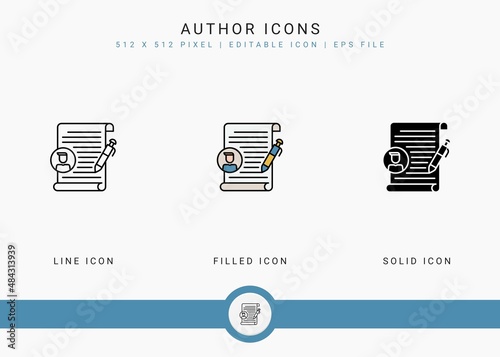 Author icons set vector illustration with solid icon line style. Journalist text publication concept. Editable stroke icon on isolated background for web design, user interface, and mobile application