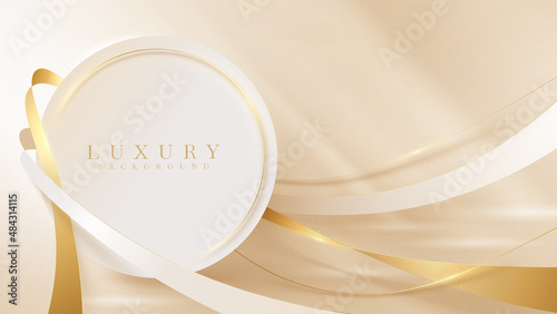Circle frame with gold ribbon decoration and glitter light effect element. Cream luxury background.