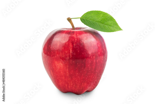 Ripe red apple fruit and green apple leaf isolated on white background.