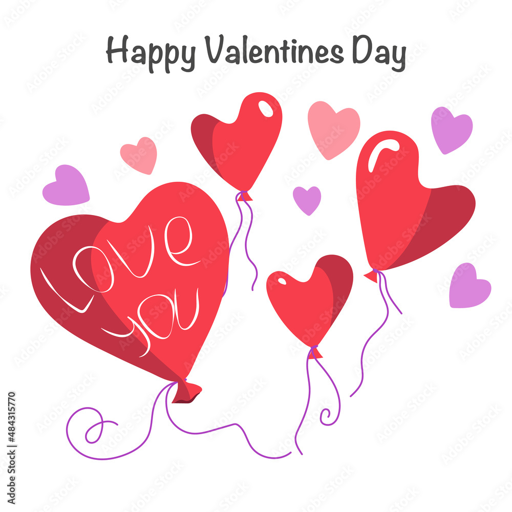 Illustration Card balloons and hearts on white bg