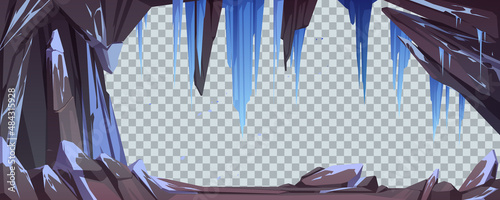 Mountain cave or stone arch with snow and icicles isolated on transparent background. Vector template with cartoon stone frame, cavern or mine in rocks with hanging ice crystals