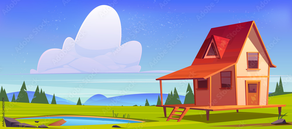 Village house on hill with pond, green grass and trees. Vector cartoon  illustration of summer or spring landscape of countryside with small wooden  cottage with porch and lake Stock Vector | Adobe