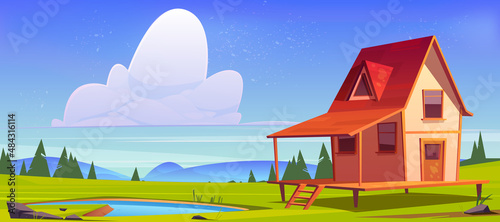 Village house on hill with pond, green grass and trees. Vector cartoon illustration of summer or spring landscape of countryside with small wooden cottage with porch and lake