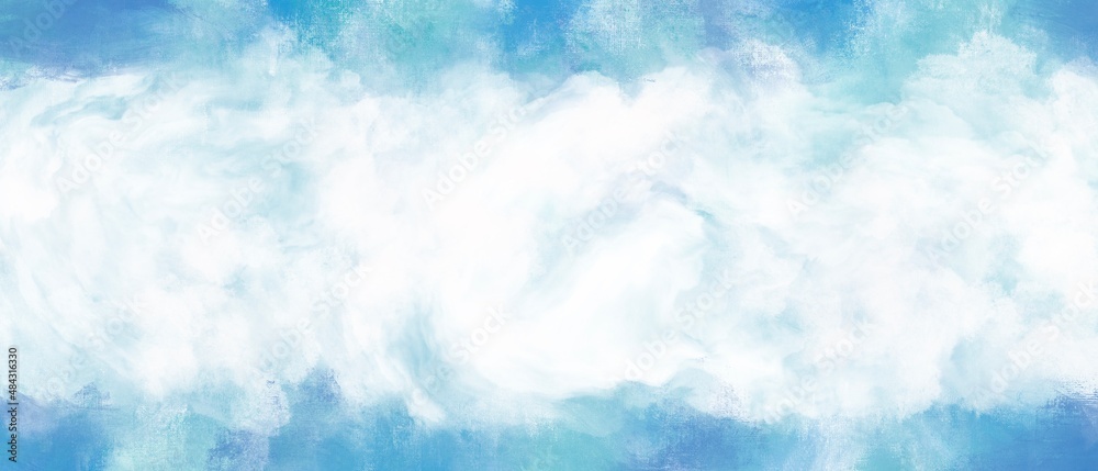 油絵と雲の抽象アート背景横長テンプレート）水色のフレーム　中央に白いスペース　キャンバスのテクスチャ
