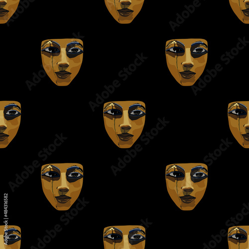 Seamless geometrical pattern with ancient Egyptian female masks.