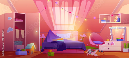 Messy girl bedroom on attic with unmade bed, open cupboard with clothes and scattered toys. Vector cartoon illustration of untidy kids mansard room interior with closet, chair and mirror on dresser