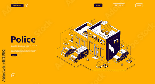 Police station banner with isometric building and patrol cars. Vector landing page of precinct house with illustration of police department office and cop vehicles