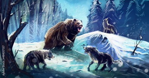 Fototapete grizzly bear vs wolf pack
