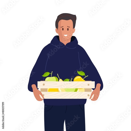 Young man holding wooden box full of apples and pears. Man farm worker. Garden, fruits at fall harvest. Small business and healthy food. Hand drawn Vector illustration on white background