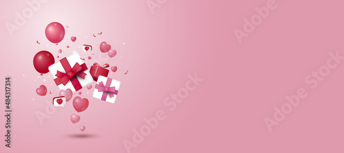 Gift box and hearts 3d banner with copy space for valentine's day Christmas New year Wedding and birthday vector illustration