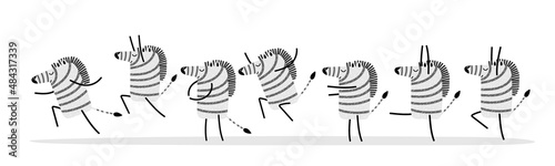 Happy Dancing Zebra. Cartoon happy Dancing zebra. Different dance movements. Funny character in animalistic print. Joyful zebra smiling. Colored flat Vector illustration isolated on white background.