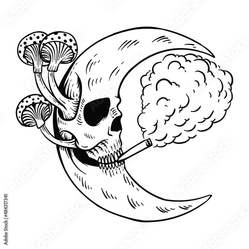 tattoo design hand drawn moon smoking with mushroom line art