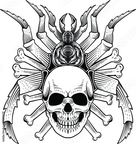 tattoo design skull with spider line art black and white