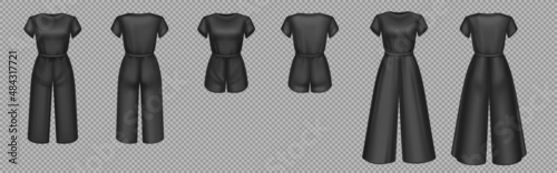 Women black jumpsuits mockup in front and back view. Vector 3d template of blank female overalls with pants or shorts and t-shirt. Realistic girls clothes isolated on transparent background