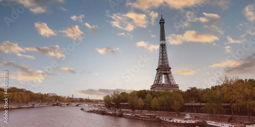 Banner of the travel with The famous Eiffel Tower in Paris, France.