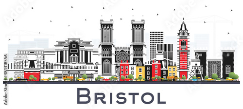 Bristol UK City Skyline with Color Buildings Isolated on White.