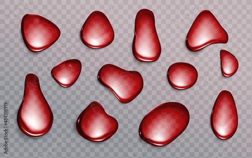 Red drops on transparent background. Blood, strawberry juice or wine drips. Bubbles of soda, beer or water drink abstract texture. Random aqua droplets, spill 3d design, Realistic vector illustration