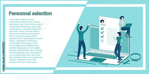 Personnel selection.The work of a recruitment agency, people on the background of resumes select staff.Illustration in the style of a green landing page.