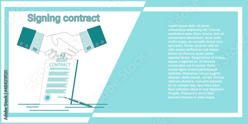 Signing the contract.Business agreement, conclusion of a transaction.Handshake on the background of the contract.An illustration in the style of a green landing page.