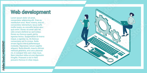 Web development.Software development.People on the background of a laptop.An illustration in the style of a green landing page.
