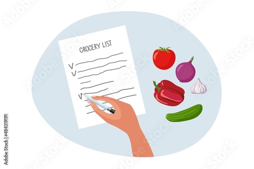 Grocery list. Human hand marks items on shopping list. Sheet with handwritten text. Vegetable set. Person shopping at grocery shop. Colored flat Vector illustration isolated on white background.