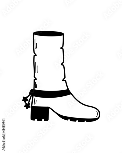 Cowboy boot with spurs, vector doodle illustration. Western concept icon isolated on a white background.