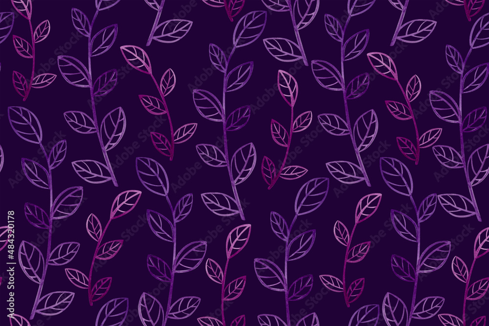 Seamless pattern of watercolor twigs on a purple background.