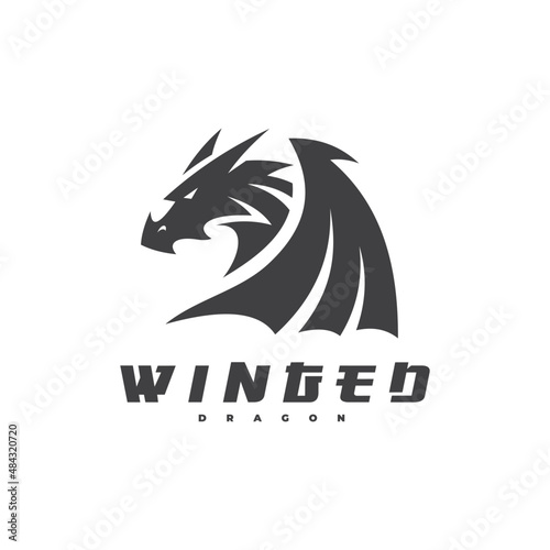 Dragon head wing wyvern silhouette logo design. Winged dragon vector icon in black and white color
