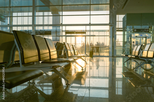 Wating areas in the airport lounge, illuminated by sunlight, selective focus.